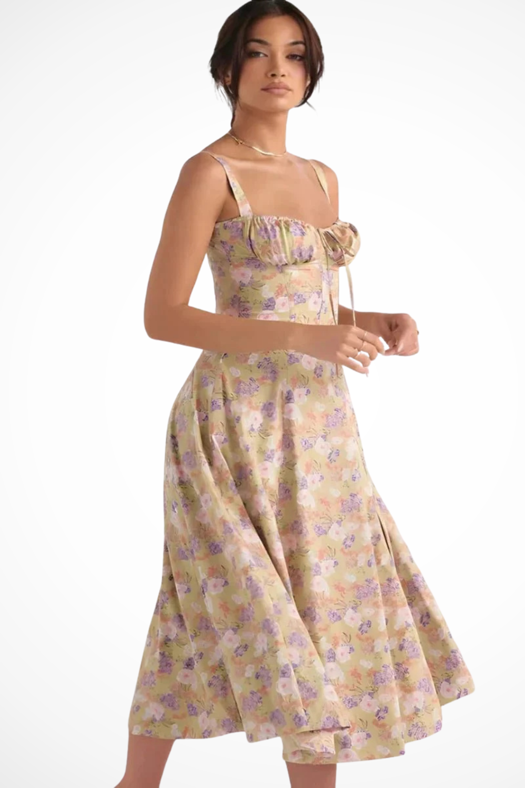 Women Square Neck Bow Detail Corset Wedding-Guest Floral Midi Dress – Modern Everyday Look – Blue Floral – S