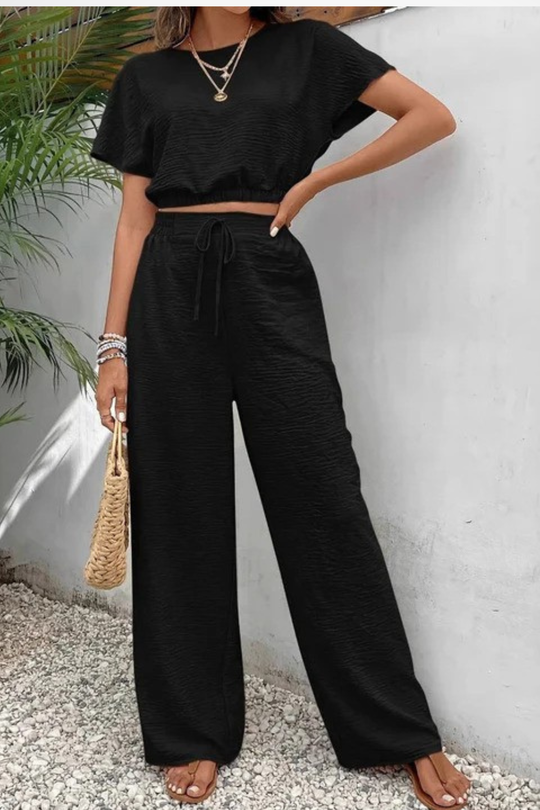 Women Relaxed Fit Wide-Leg Top and Trousers Set – Modern Everyday Look – Beige – 2XL