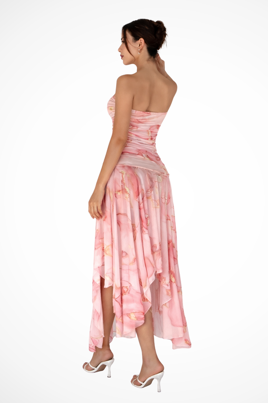 Women Strapless Floral Wedding-Guest Maxi Dress – Modern Everyday Look – Pink Floral – M