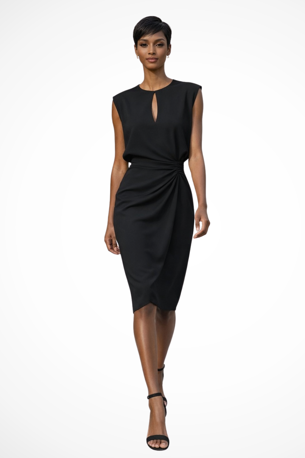 Women Ruched Wrap Midi Dress with Cap Sleeves – Modern Everyday Look – Light Blue – L