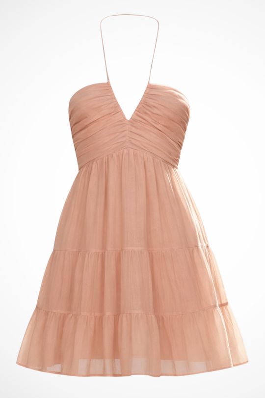 Women Halter V-Neck Tiered Ruffle Mini Dress – Modern Everyday Look – Pink – XL