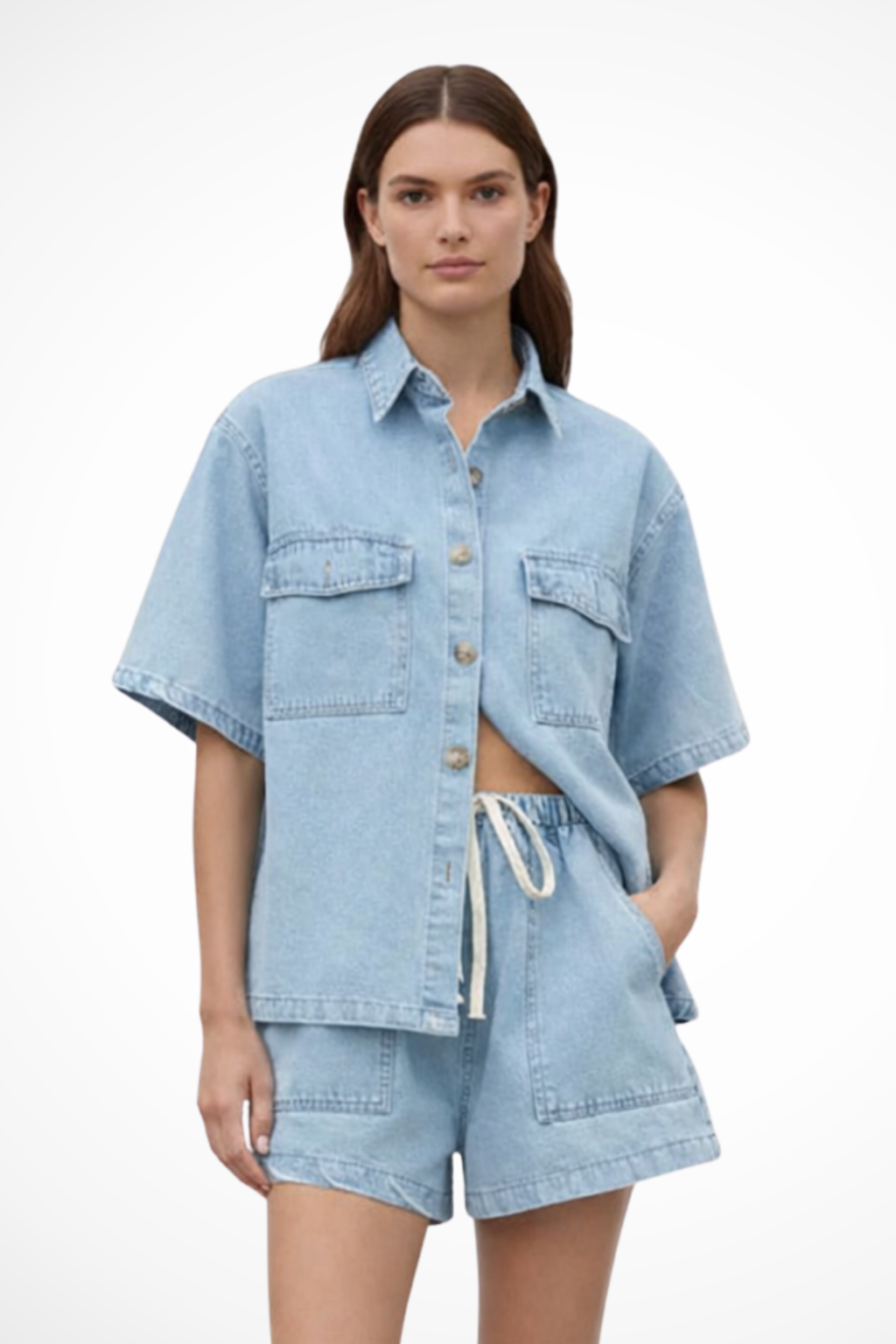Women Denim Button Down Shirt and Drawstring Shorts Set – Modern Everyday Look – Light Blue – XS