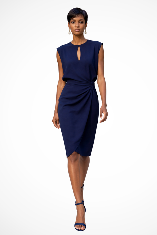 Women Ruched Wrap Midi Dress with Cap Sleeves – Modern Everyday Look – Light Blue – S
