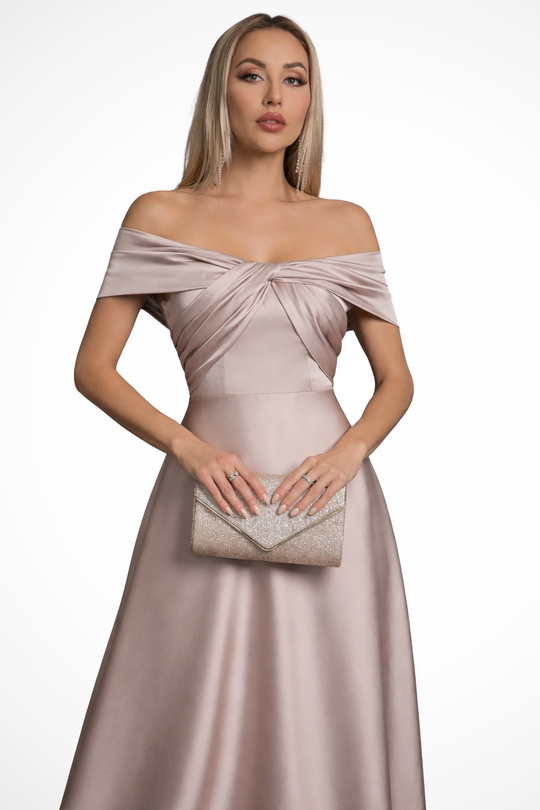 Women Off Shoulder Twisted Knot Pleated Satin Wedding-Guest Maxi Dress – Modern Everyday Look – Dark Green – M