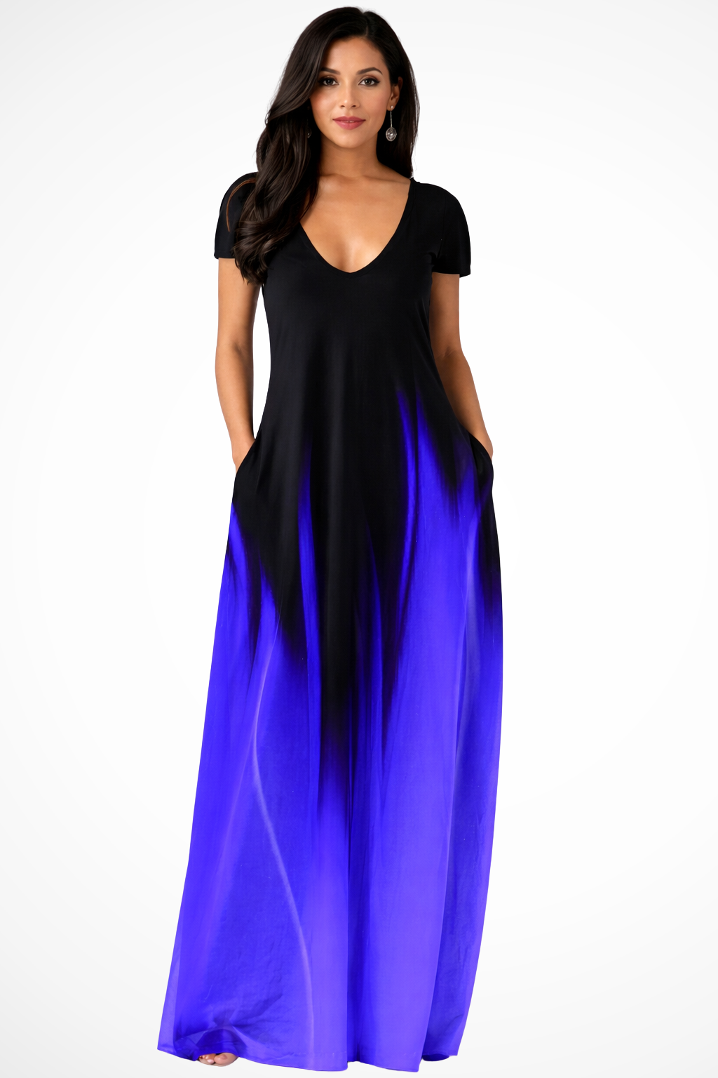 Women Ombre V-Neck Short-Sleeve Casual Maxi Dress – Easy Everyday Style – White – XL