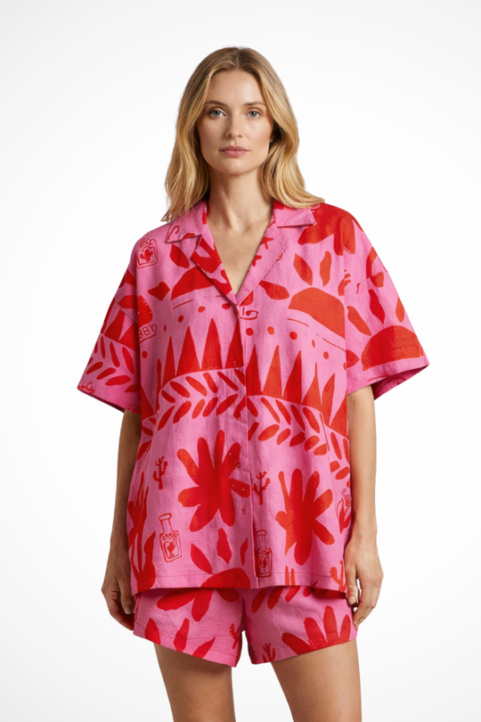Women Printed Camp Collar Shirt and Shorts Set – Modern Everyday Look – Pink – XS