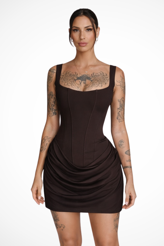 Women Square Neck Corset Wedding-Guest Mini Dress – Modern Everyday Look – Coffee Brown – XL