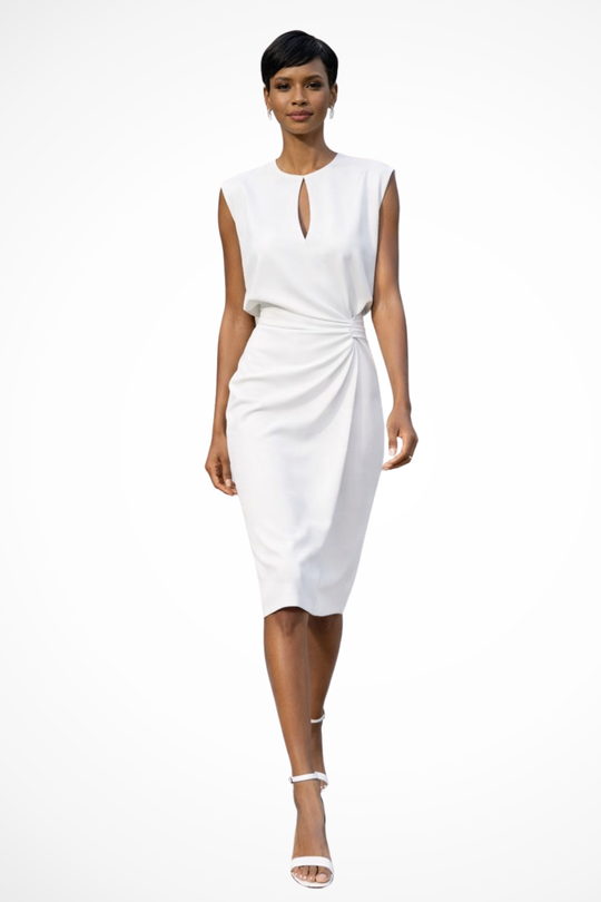 Women Ruched Wrap Midi Dress with Cap Sleeves – Modern Everyday Look – Light Blue – M