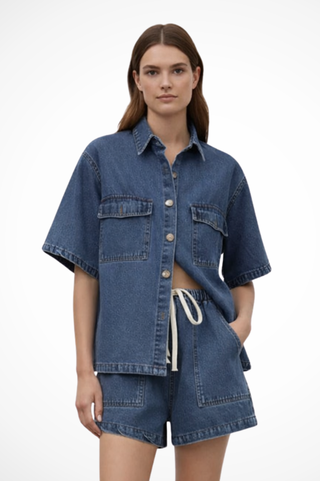 Women Denim Button Down Shirt and Drawstring Shorts Set – Modern Everyday Look – Light Blue – L