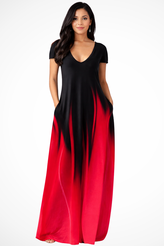 Women Ombre V-Neck Short-Sleeve Casual Maxi Dress – Easy Everyday Style – Purple – XS