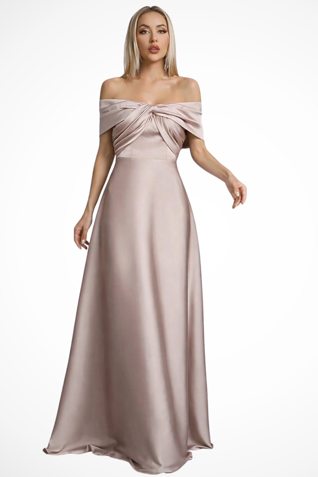 Women Off Shoulder Twisted Knot Pleated Satin Wedding-Guest Maxi Dress – Modern Everyday Look – Khaki – XS