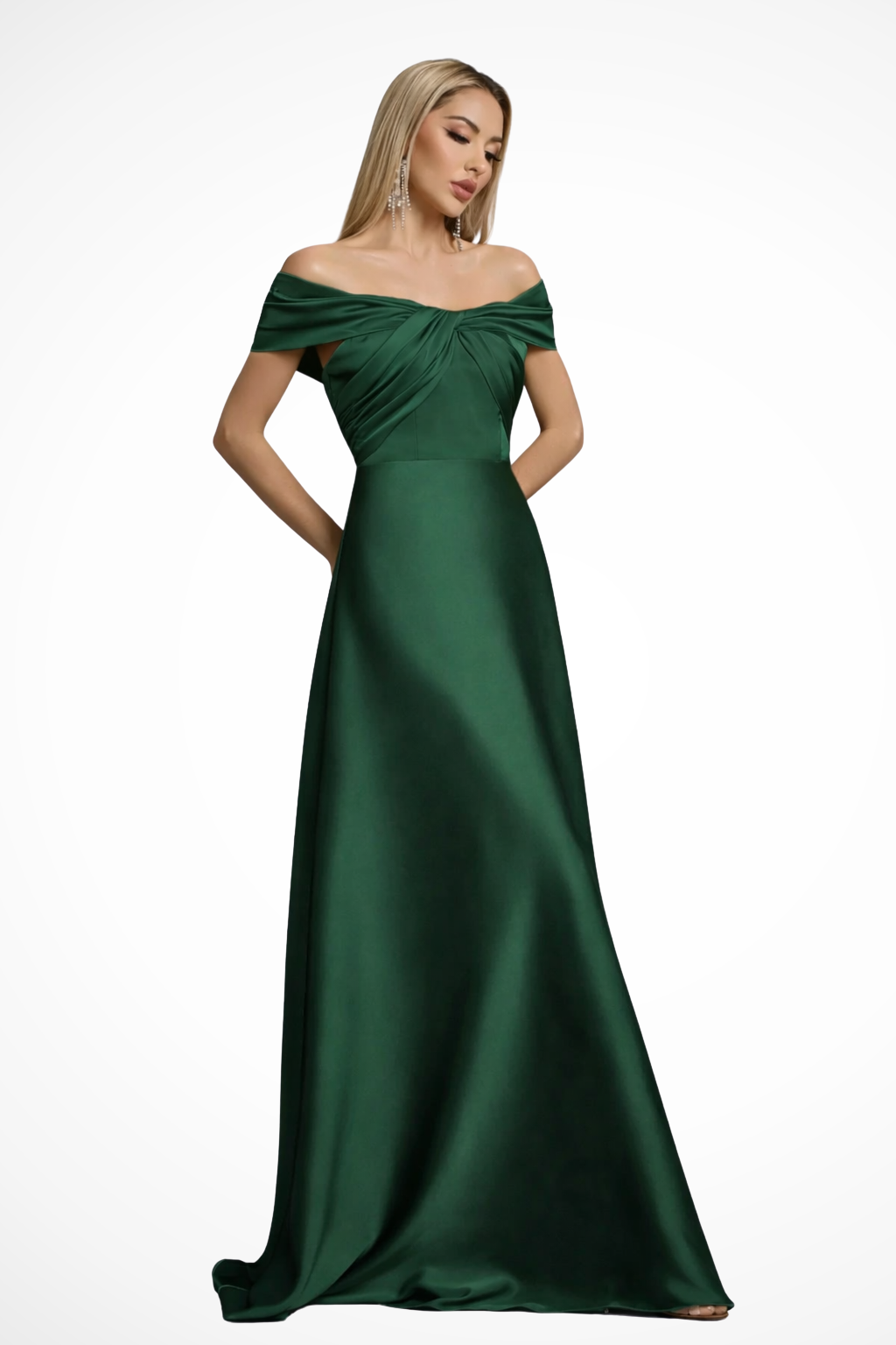 Women Off Shoulder Twisted Knot Pleated Satin Wedding-Guest Maxi Dress – Modern Everyday Look – Blue – XL