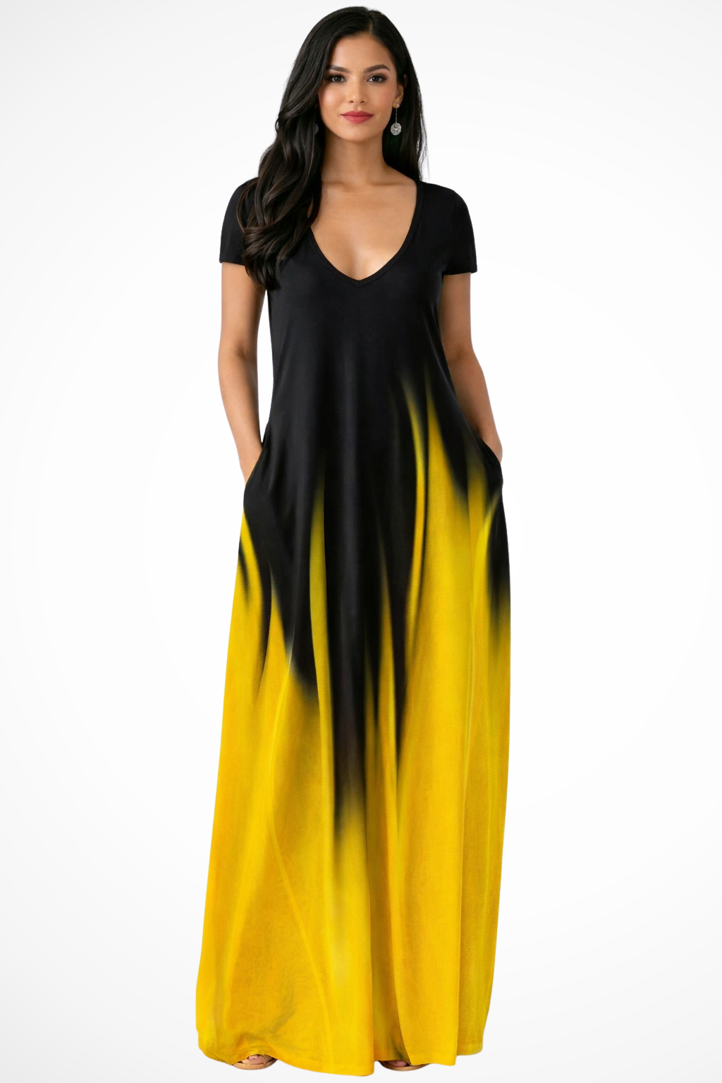 Women Ombre V-Neck Short-Sleeve Casual Maxi Dress – Easy Everyday Style – Purple – XL