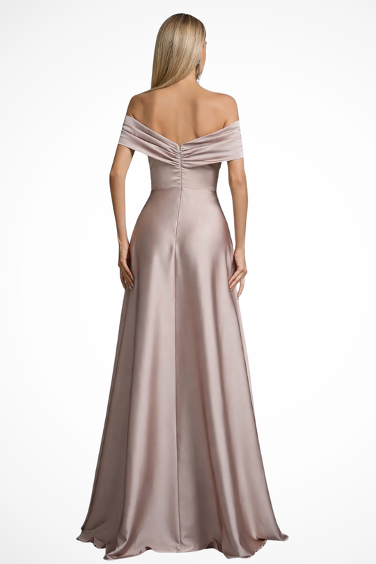 Women Off Shoulder Twisted Knot Pleated Satin Wedding-Guest Maxi Dress – Modern Everyday Look – Khaki – M