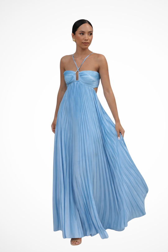 Women Halter Neck Backless Pleated Flowy Summer Maxi Dress – Modern Everyday Look – Brown – M