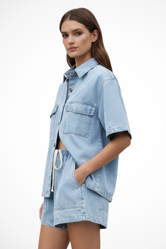 Women Denim Button Down Shirt and Drawstring Shorts Set – Modern Everyday Look – Light Blue – S