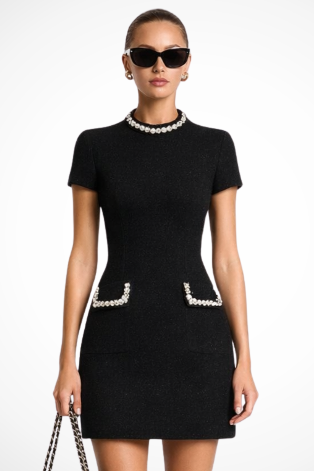 Women Pearl Trim Mini Dress with Pocket Detail – Modern Everyday Look – Black – XS