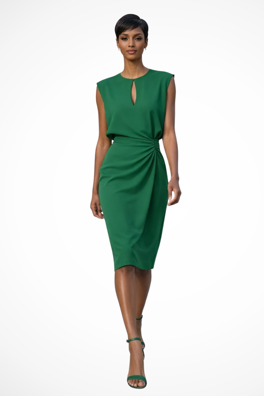 Women Ruched Wrap Midi Dress with Cap Sleeves – Modern Everyday Look – Light Blue – XL