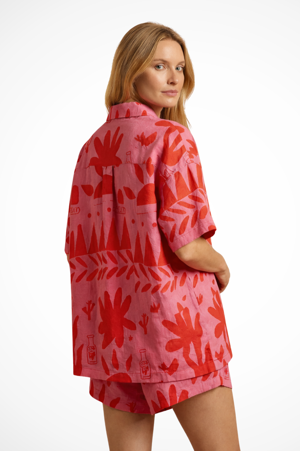 Women Printed Camp Collar Shirt and Shorts Set – Modern Everyday Look – Pink – S