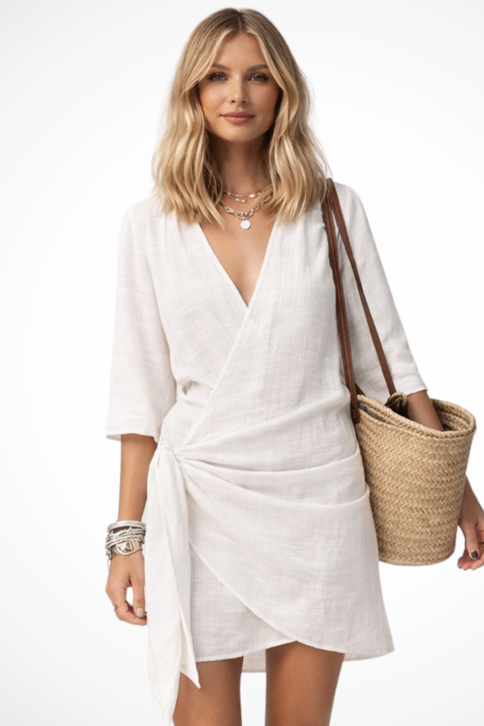 Women Wrap Mini Dress with Tie Waist and Short-Sleeves – Modern Everyday Look – Beige – XS