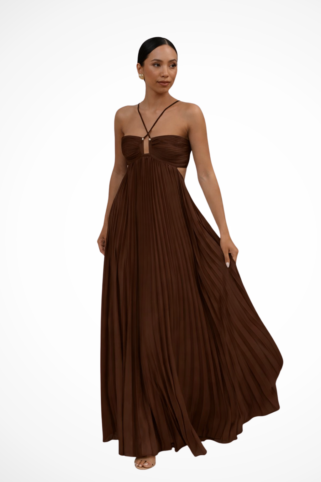 Women Halter Neck Backless Pleated Flowy Summer Maxi Dress – Modern Everyday Look – Brown – XL