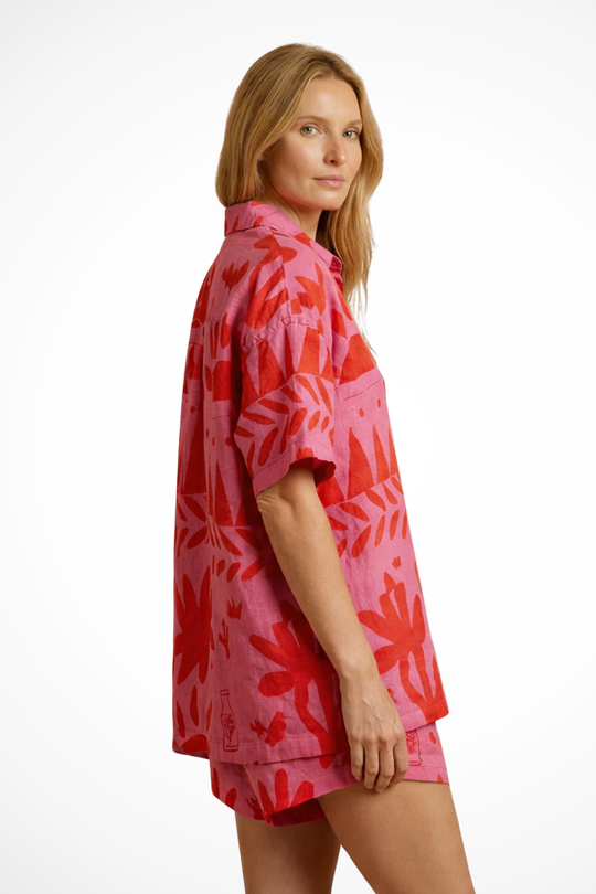 Women Printed Camp Collar Shirt and Shorts Set – Modern Everyday Look – Pink – L
