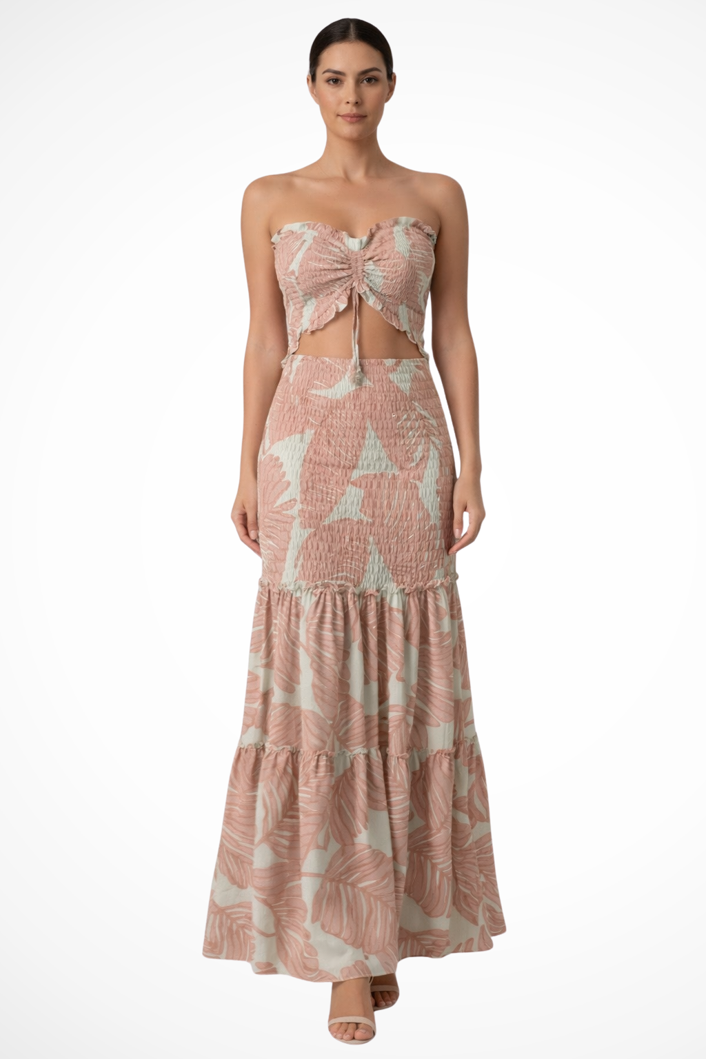 Women Tropical Print Strapless Ruched Summer Maxi Dress – Modern Everyday Look – Pink – XL
