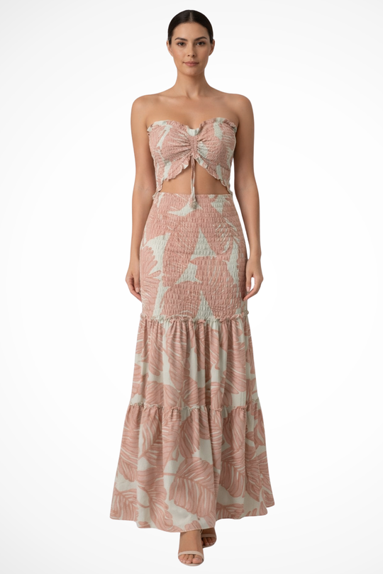 Women Tropical Print Strapless Ruched Summer Maxi Dress – Modern Everyday Look – Pink – XL