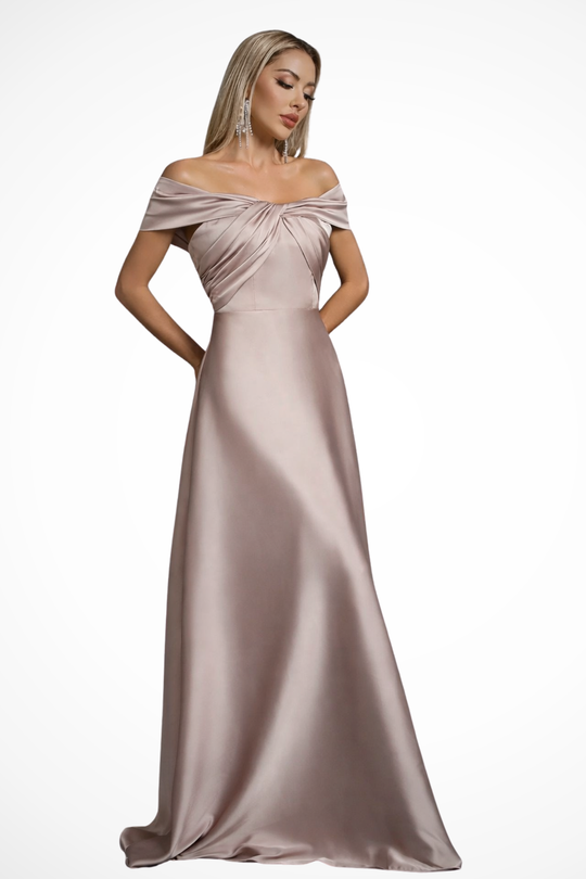 Women Off Shoulder Twisted Knot Pleated Satin Wedding-Guest Maxi Dress – Modern Everyday Look – Khaki – XL