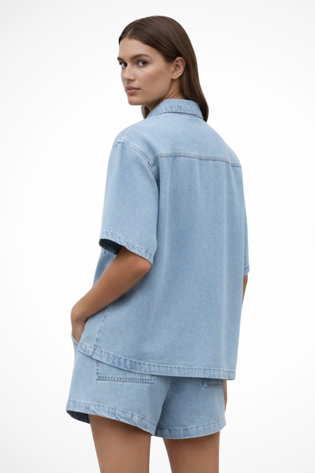 Women Denim Button Down Shirt and Drawstring Shorts Set – Modern Everyday Look – Light Blue – M