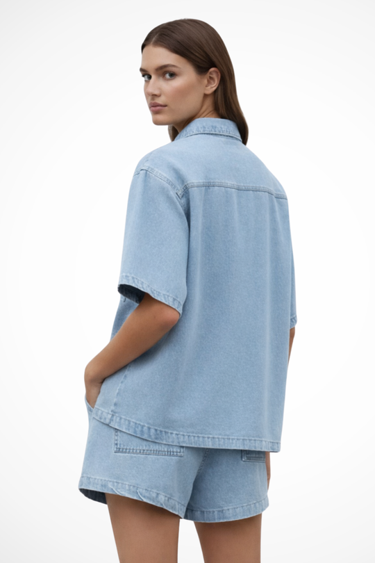 Women Denim Button Down Shirt and Drawstring Shorts Set – Modern Everyday Look – Light Blue – M