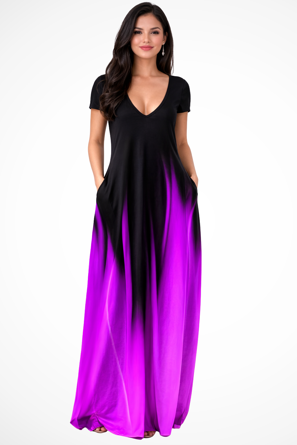 Women Ombre V-Neck Short-Sleeve Casual Maxi Dress – Easy Everyday Style – Purple – M