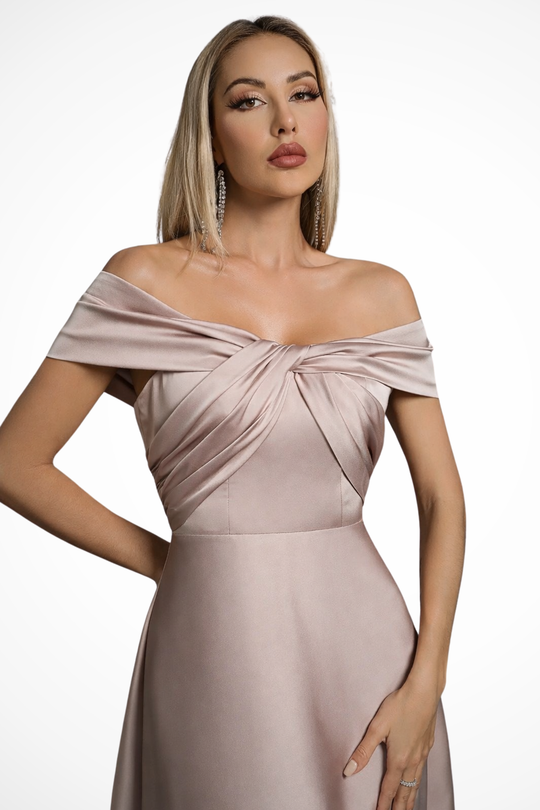 Women Off Shoulder Twisted Knot Pleated Satin Wedding-Guest Maxi Dress – Modern Everyday Look – Dark Green – XL
