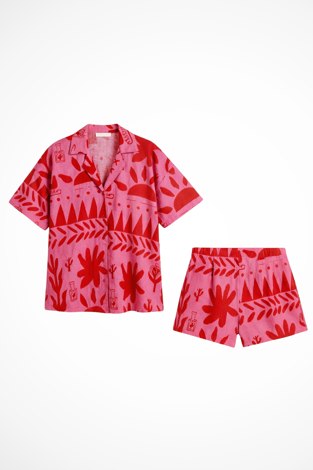 Women Printed Camp Collar Shirt and Shorts Set – Modern Everyday Look – Pink – XL