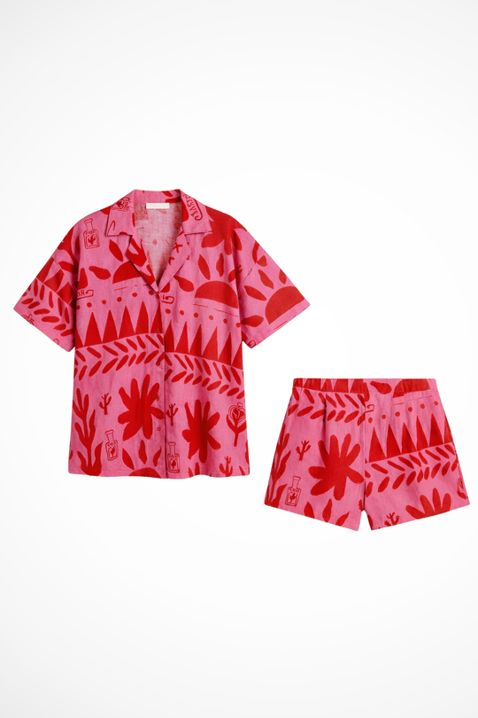 Women Printed Camp Collar Shirt and Shorts Set – Modern Everyday Look – Pink – XL
