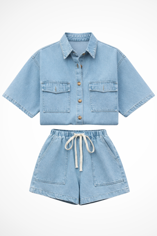 Women Denim Button Down Shirt and Drawstring Shorts Set – Modern Everyday Look – Light Blue – XL