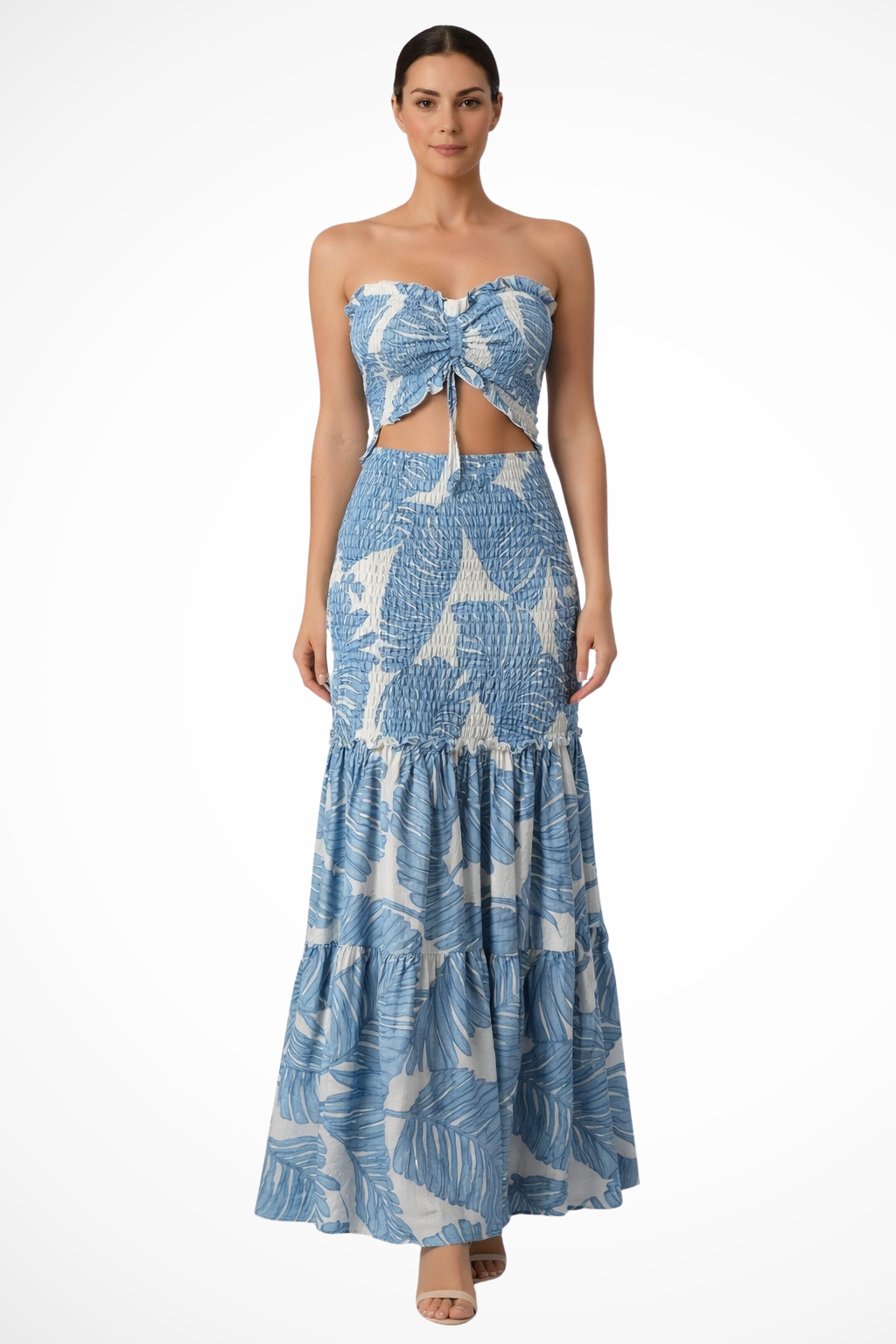 Women Tropical Print Strapless Ruched Summer Maxi Dress – Modern Everyday Look – Green – M