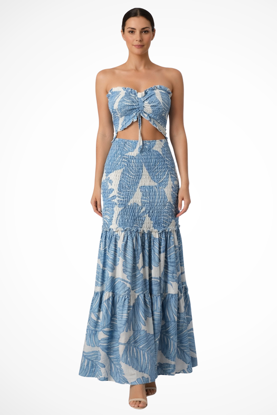 Women Tropical Print Strapless Ruched Summer Maxi Dress – Modern Everyday Look – Green – M