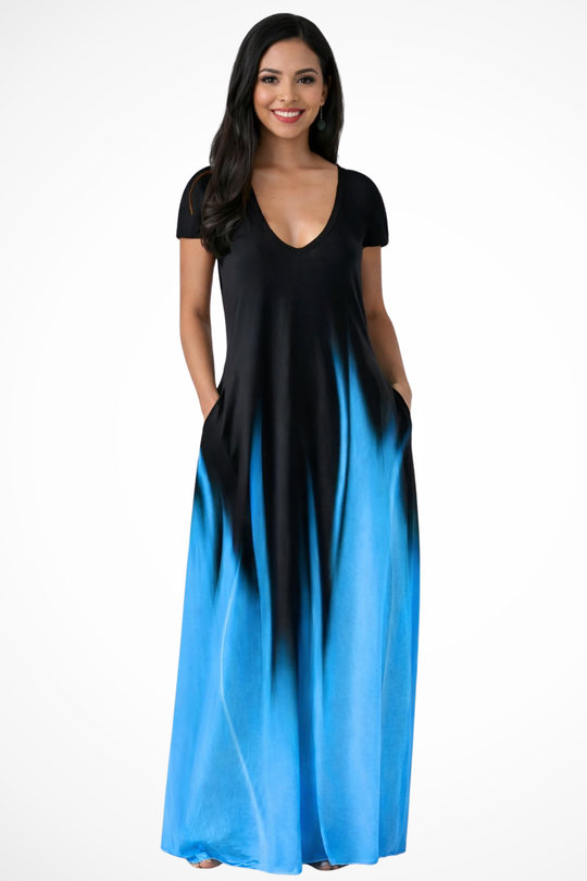 Women Ombre V-Neck Short-Sleeve Casual Maxi Dress – Easy Everyday Style – White – XS