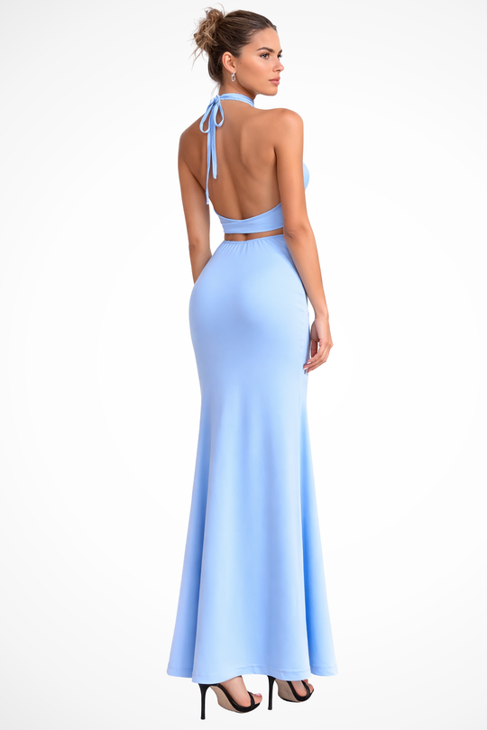 Women Halter Neck Backless Draped Summer Maxi Dress – Modern Everyday Look – Blue – M