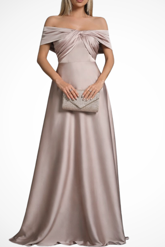 Women Off Shoulder Twisted Knot Pleated Satin Wedding-Guest Maxi Dress – Modern Everyday Look – Dark Green – XS