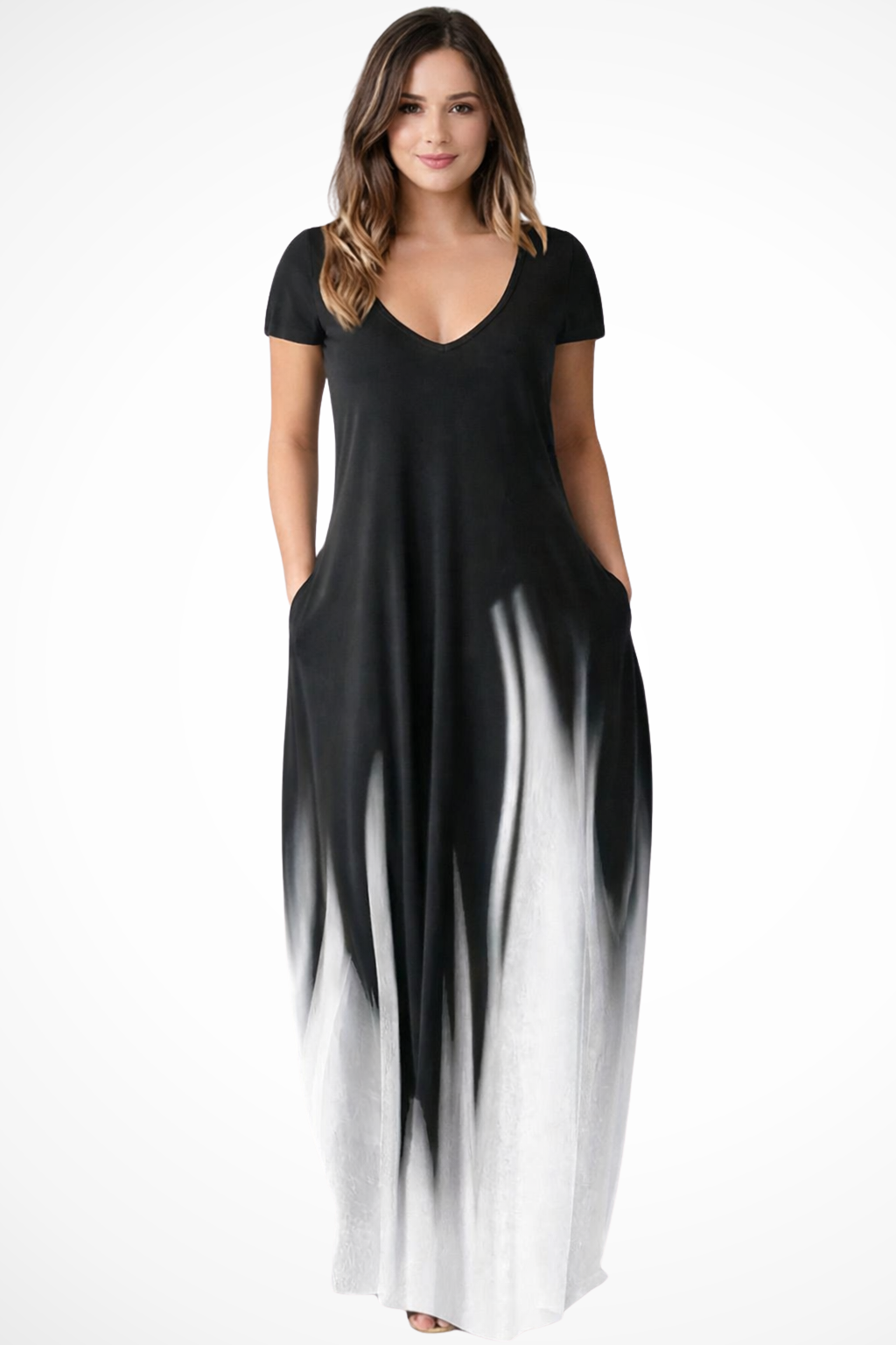 Women Ombre V-Neck Short-Sleeve Casual Maxi Dress – Easy Everyday Style – White – M