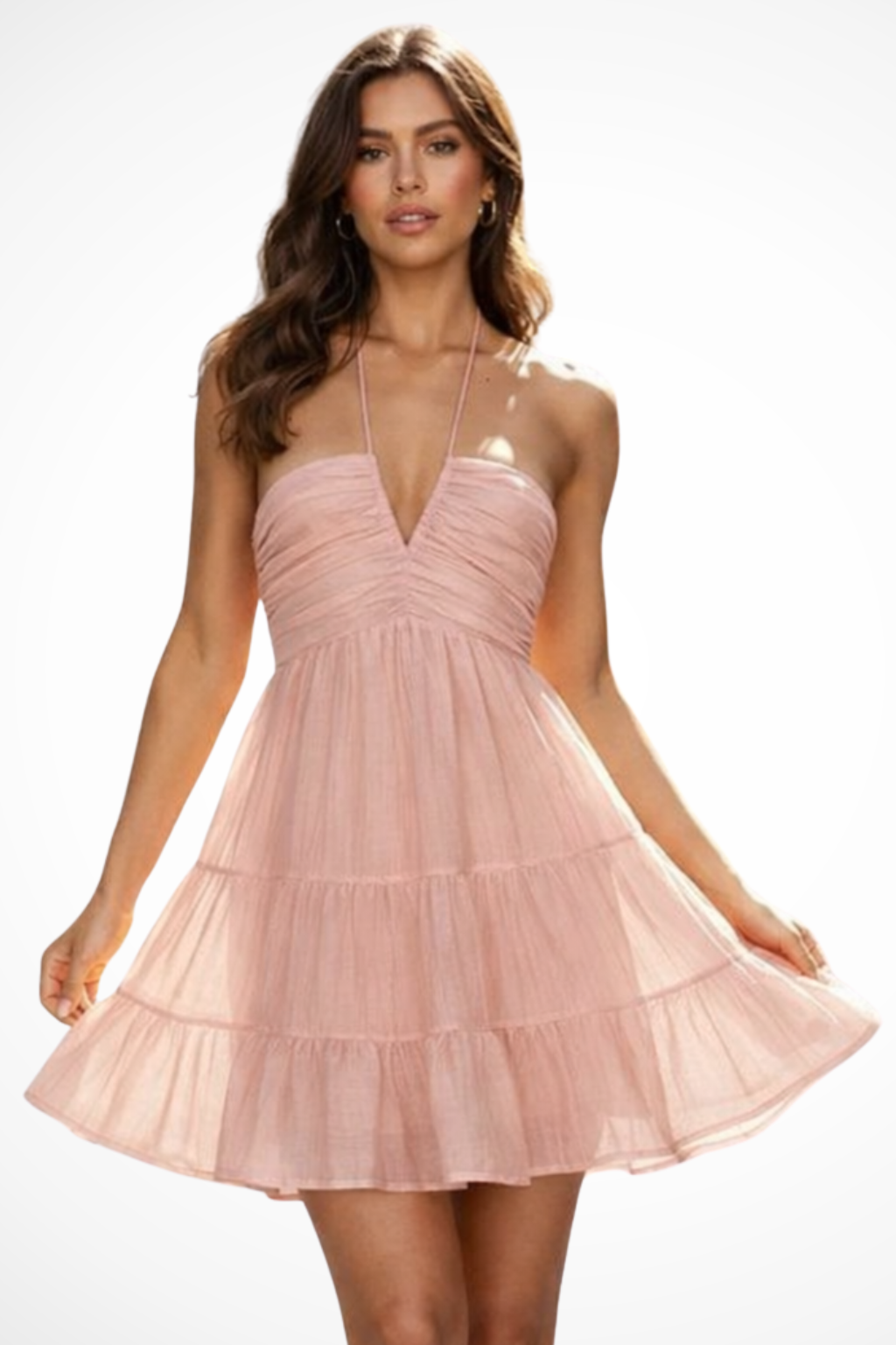 Women Halter V-Neck Tiered Ruffle Mini Dress – Modern Everyday Look – Pink – XS