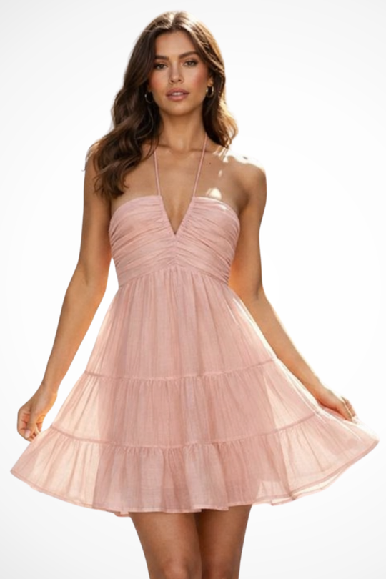 Women Halter V-Neck Tiered Ruffle Mini Dress – Modern Everyday Look – Pink – XS