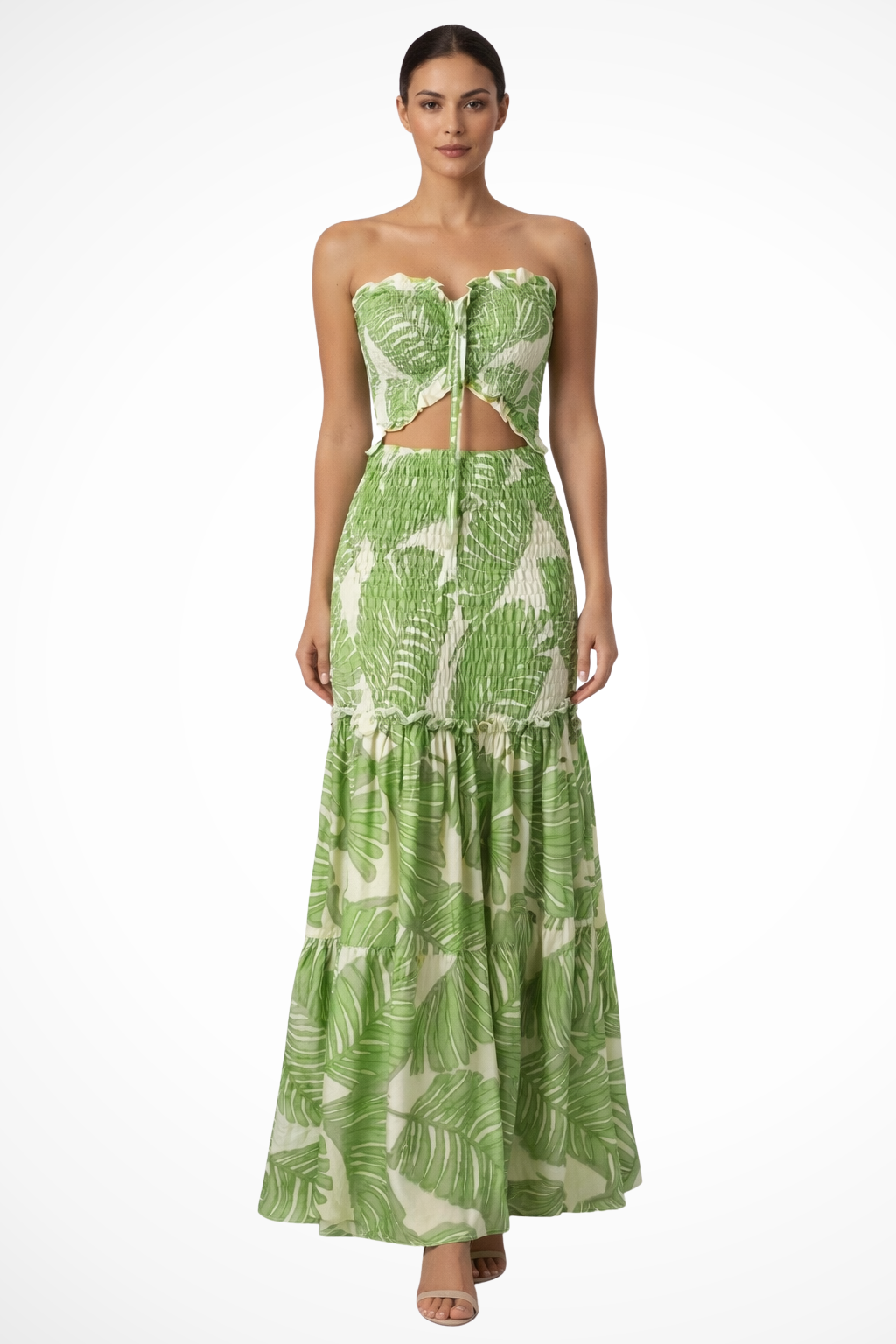 Women Tropical Print Strapless Ruched Summer Maxi Dress – Modern Everyday Look – Pink – XS