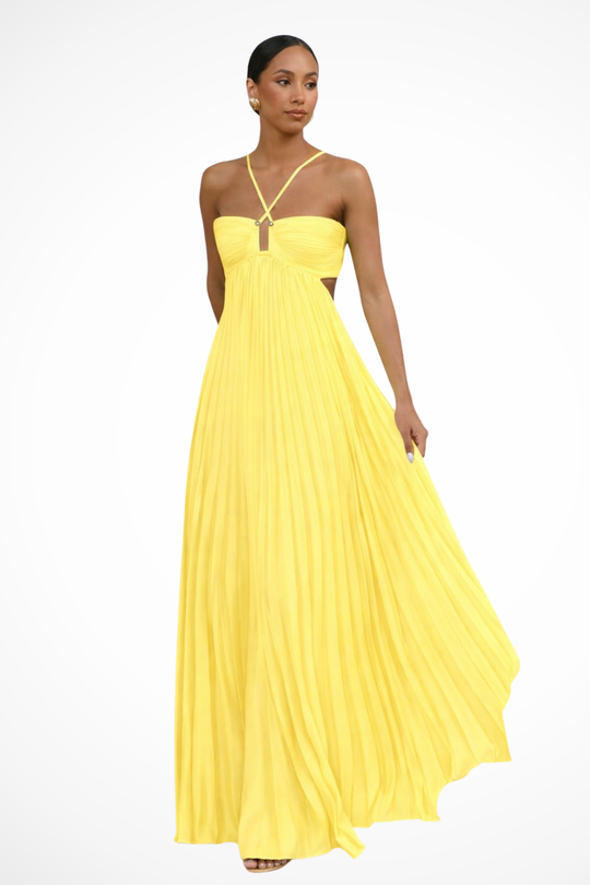 Women Halter Neck Backless Pleated Flowy Summer Maxi Dress – Modern Everyday Look – Brown – XS