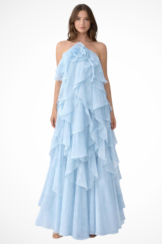 Women Sleeveless Halter Neck Tiered Ruffle Maxi Dress – Modern Everyday Look – Blue – L