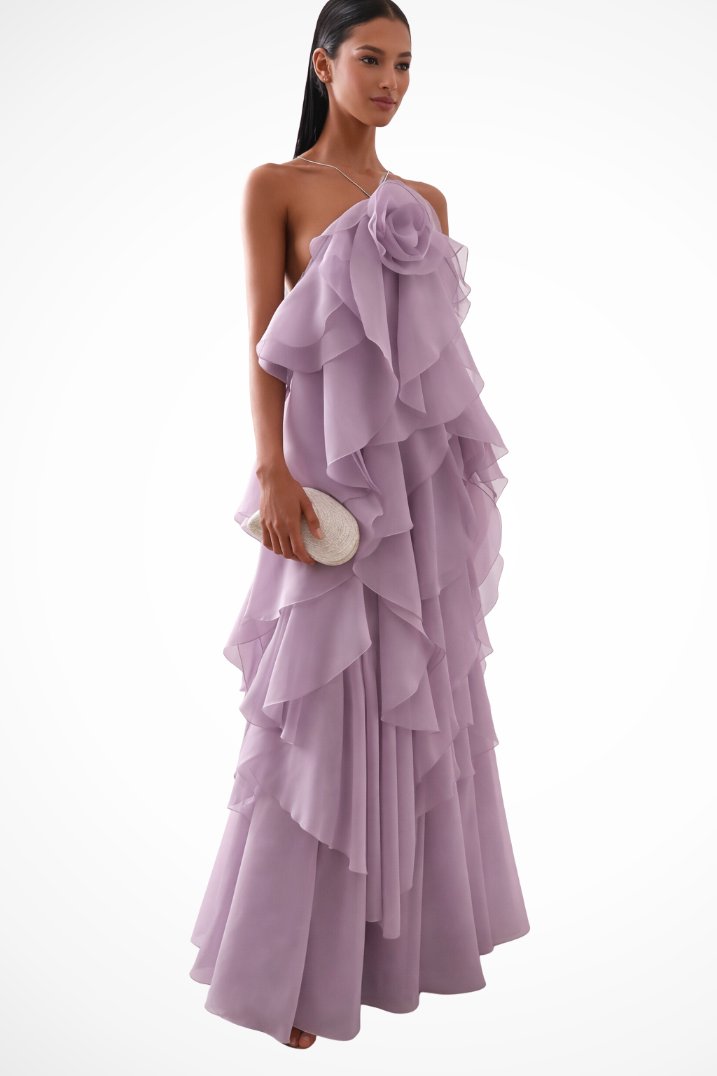 Women Sleeveless Halter Neck Tiered Ruffle Maxi Dress – Modern Everyday Look – Orange – XS