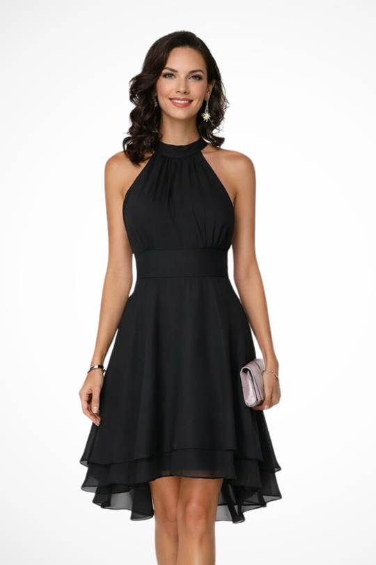 Women Tiered Skirt Halter Mini Dress – Modern Everyday Look – Black – XS
