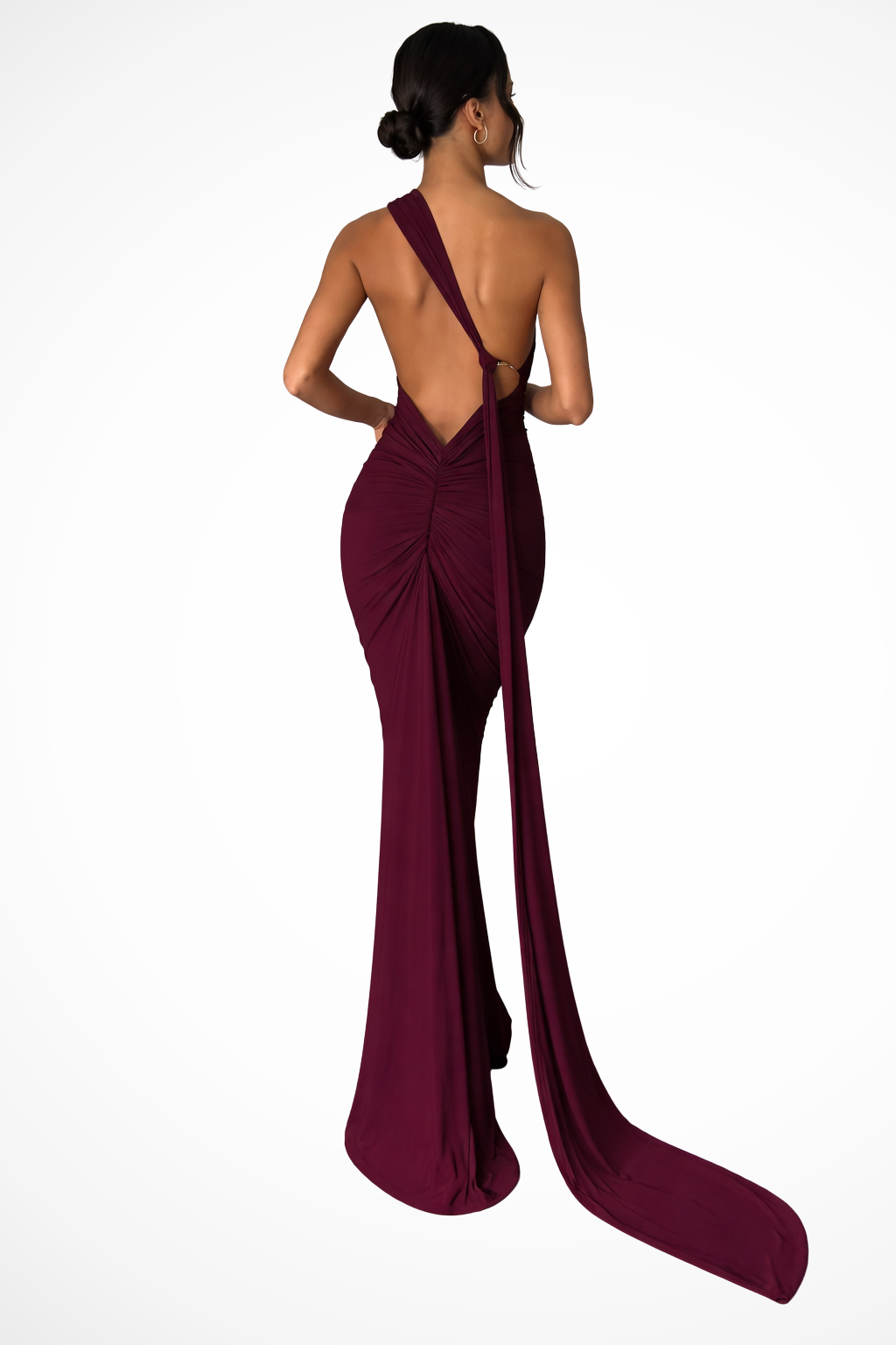 Women One-Shoulder Backless Ruched Race Day Maxi Dress – Modern Everyday Look – Brown – M